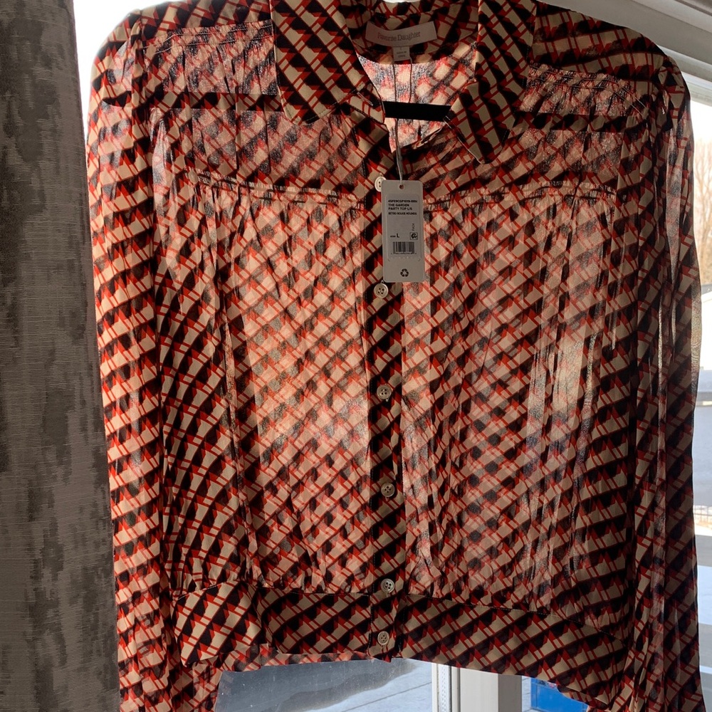 Geometric Print Button-Front Blouse - Red BaigeBlack